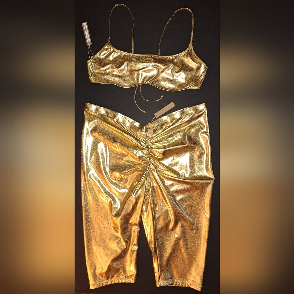 ⛱️NWT SKIMS 2 Piece Metallic Gold Swim Capri Pants bikini top Set 26 28 4X